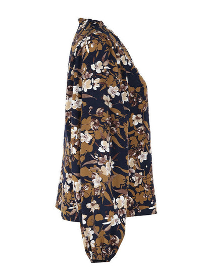 Long Sleeves Loose Flower Print V-Neck Blouses&Shirts Tops