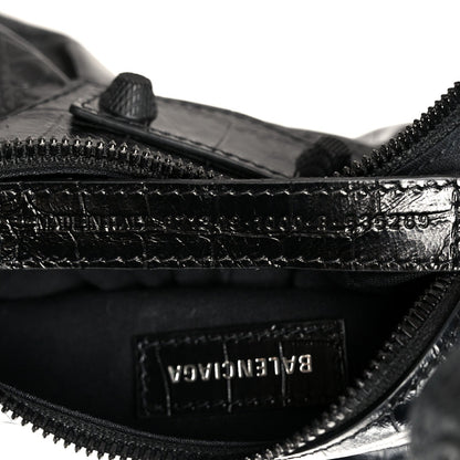 Extra Supple Calfskin Crocodile Embossed Monochrome Le Cagole Shoulder Bag XS Black