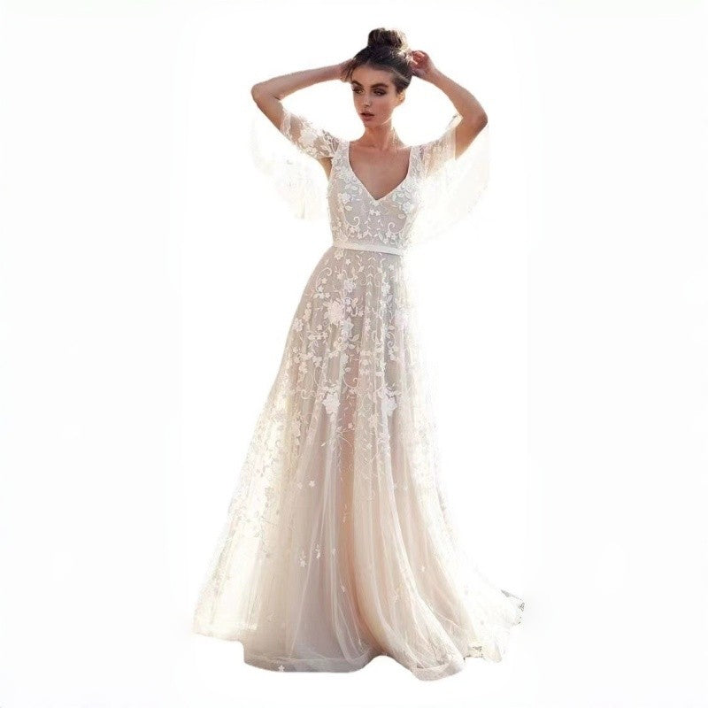 Deep V Lace Back Evening Gown