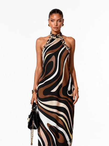 Hazel Printed Halter-Neck Backless Maxi Dress