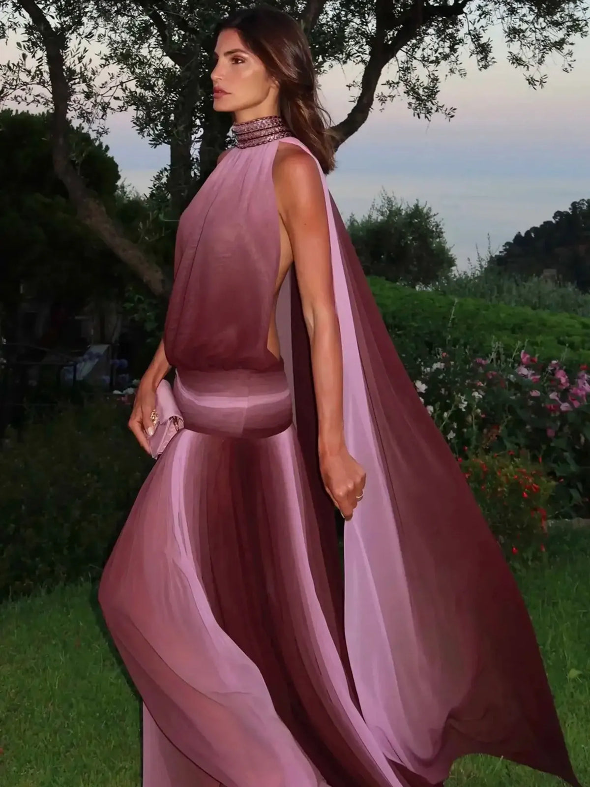 Nyla Halter Neck Draped Cape Maxi Dress