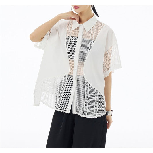 Sheer Mesh Polo Collar Short Sleeve Shirt  Loose Fit, Slimming Effect, Stylish & Versatile Top For Women