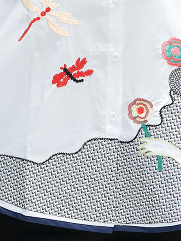 High-Low Loose Contrast Color Embroidered Printed Blouses&Shirts Tops
