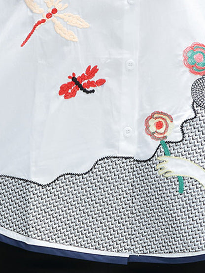 High-Low Loose Contrast Color Embroidered Printed Blouses&Shirts Tops