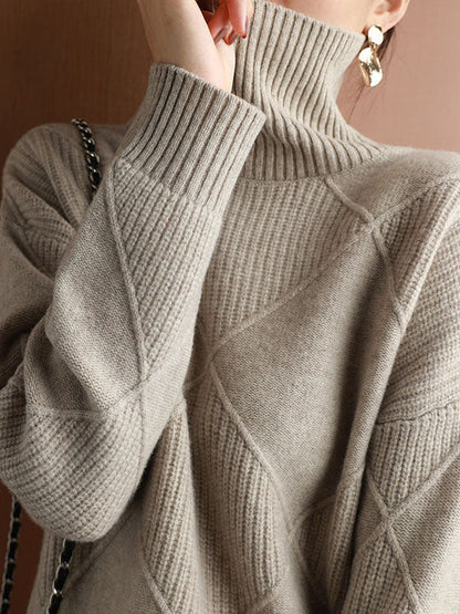 Loose Jacquard Solid Color High-Neck Sweater Tops