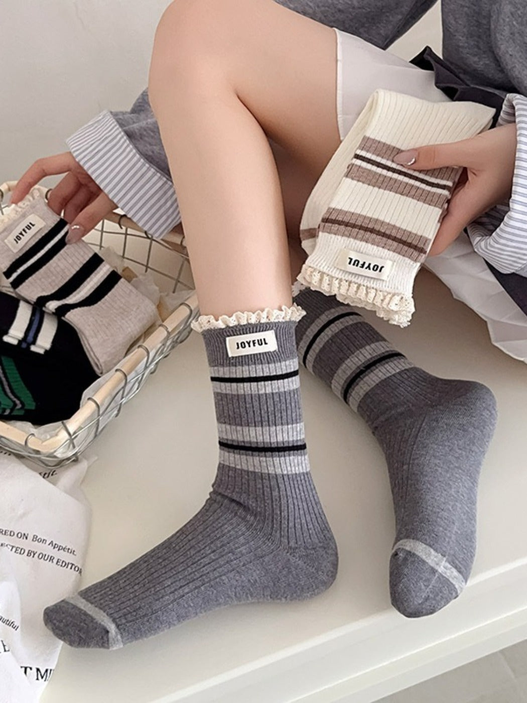 Rufia - Stripe Lace Trim Mid-Calf Capsule Socks