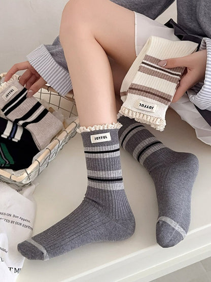 Rufia - Stripe Lace Trim Mid-Calf Capsule Socks