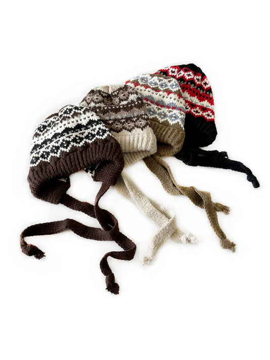Haila - Bohemian Knitted Beanie with Earflaps &amp; Tasseled Ties