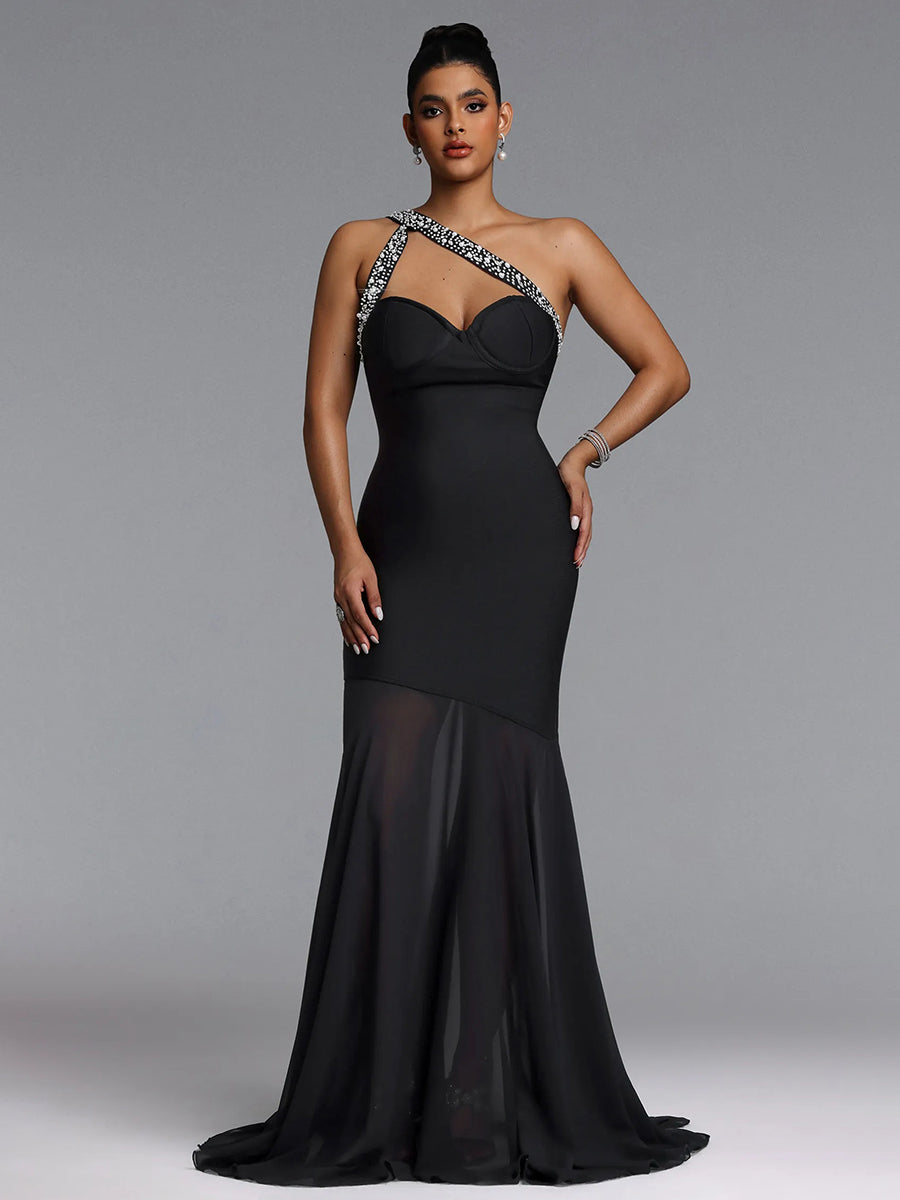 Selena One-Shoulder Crystal-Trim Mermaid Maxi Dress