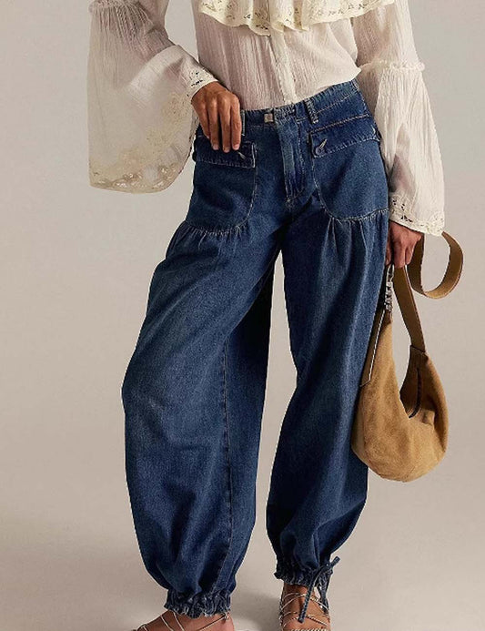Simple Ruched Drawstring Cuffed Denim Pants