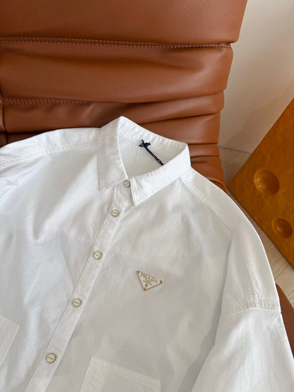 Prada 25 Long Sleeve Shirt With Triangle Logo White Cotton