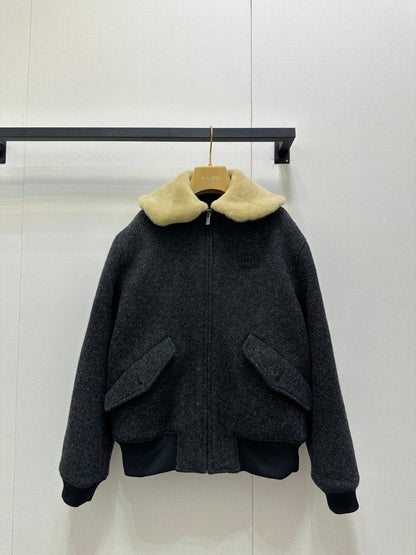 Miu 25 FW Collar Coat Dark Grey Sheep Wool 346114