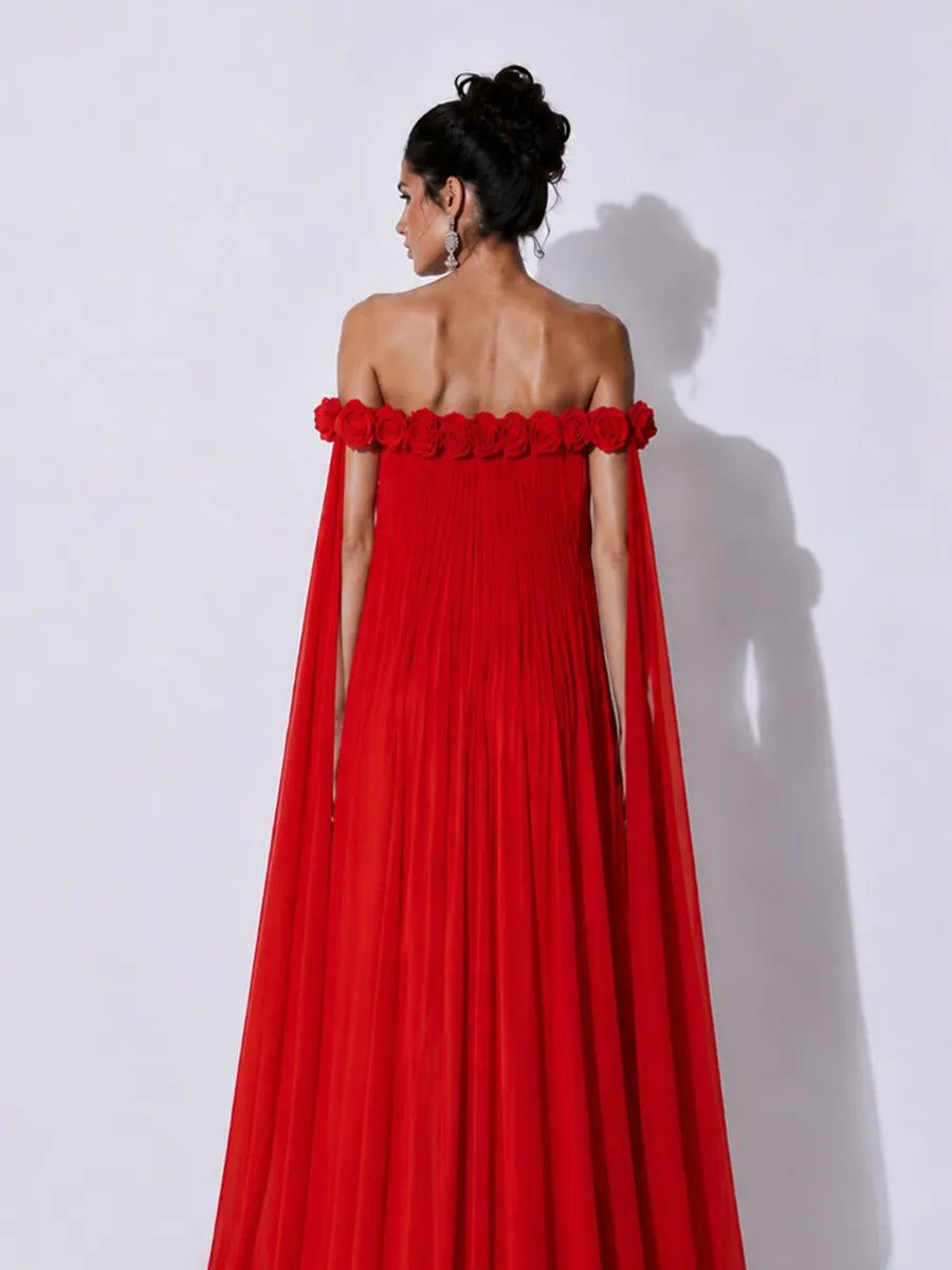 Grace 3D Floral Pleated Off-Shoulder Maxi Dress