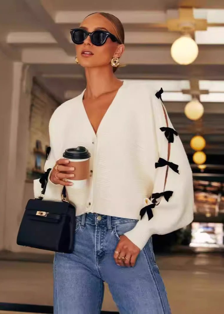V Neck Knit Cardigan With Bow Accents