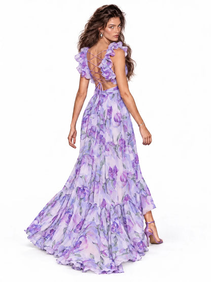Audrey Floral Draped Maxi Dress In Purple