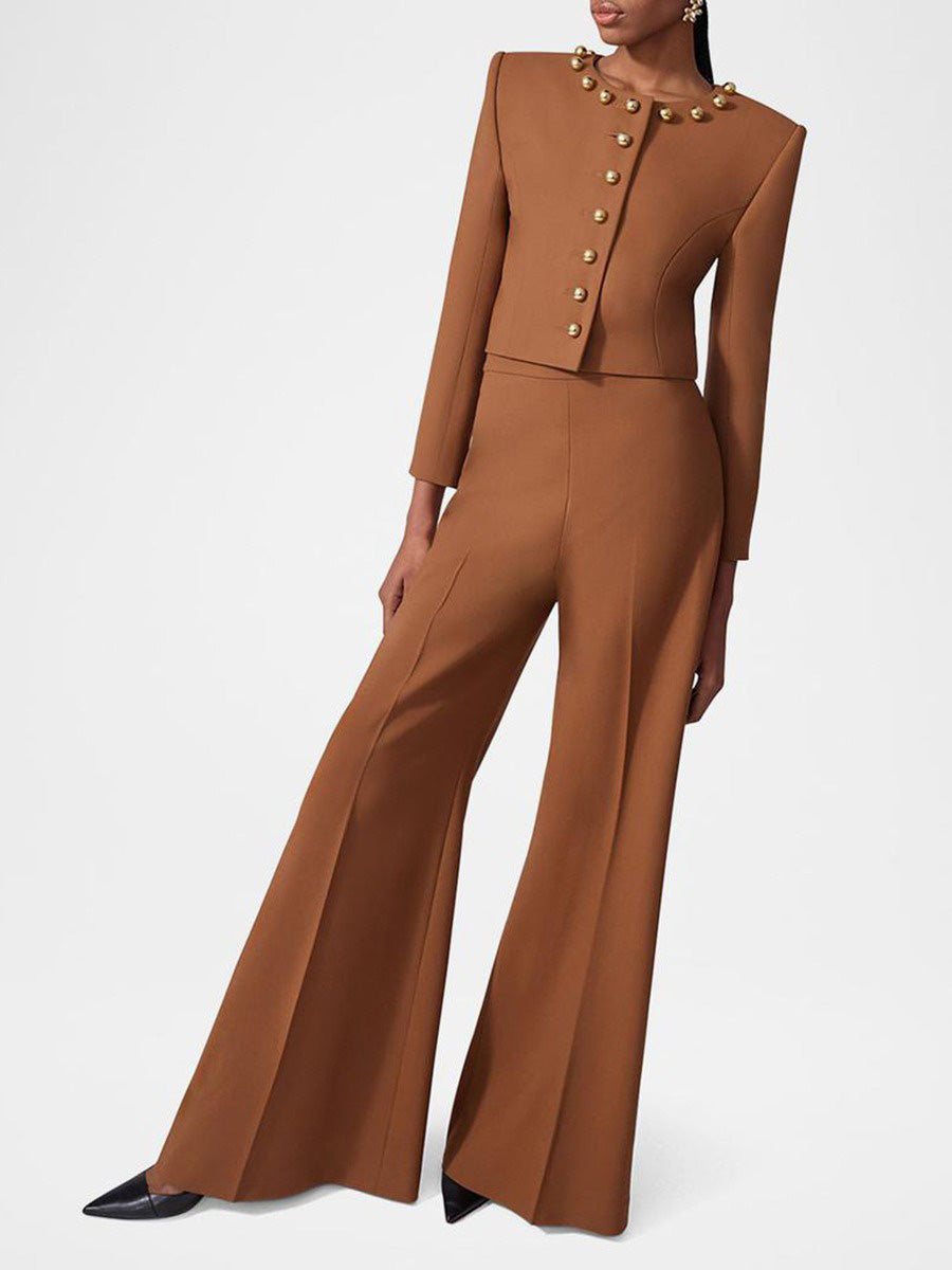 Thalia Round Neck Gold Beaded Button Two Piece Set