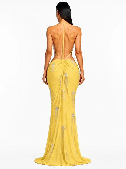 Sabrina Pleated Cut-Out Metallic Tassel Maxi Dress In Yellow