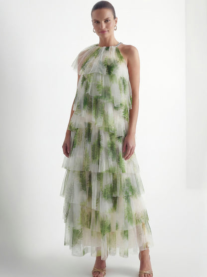 Emilia Green Leaf Print Tiered Tulle Maxi Dress
