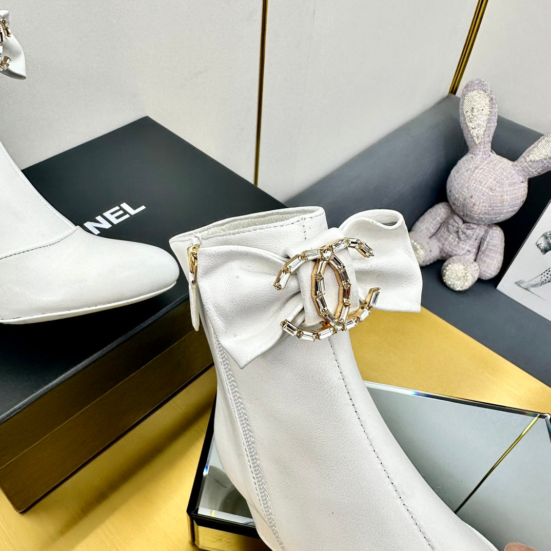 CC Bow-Adorned Rhinestone Boots White Cowhide 564596