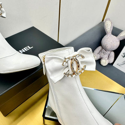 CC Bow-Adorned Rhinestone Boots White Cowhide 564596