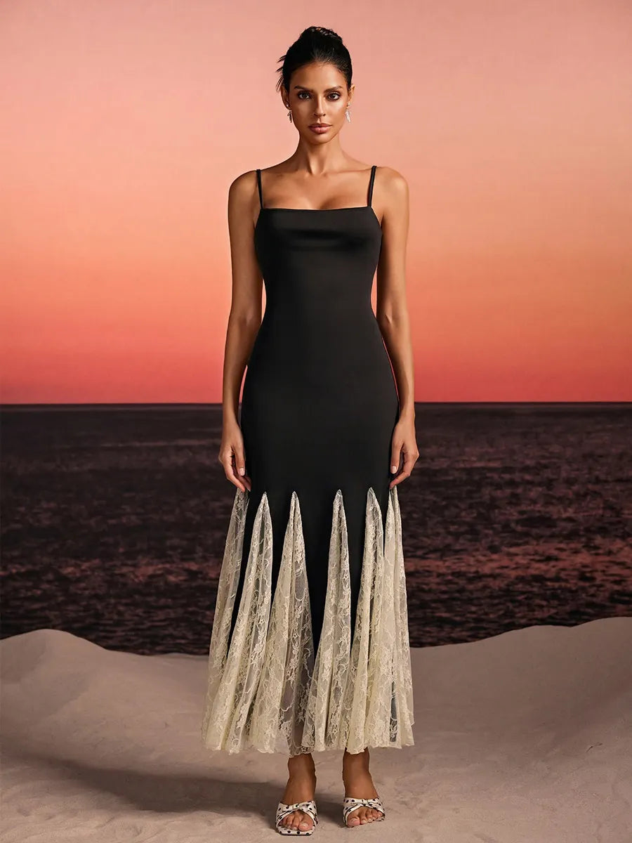 Aviana Spaghetti Lace Flared Maxi Dress