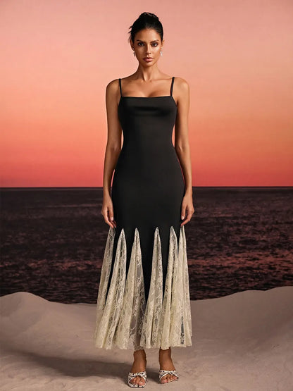 Aviana Spaghetti Lace Flared Maxi Dress