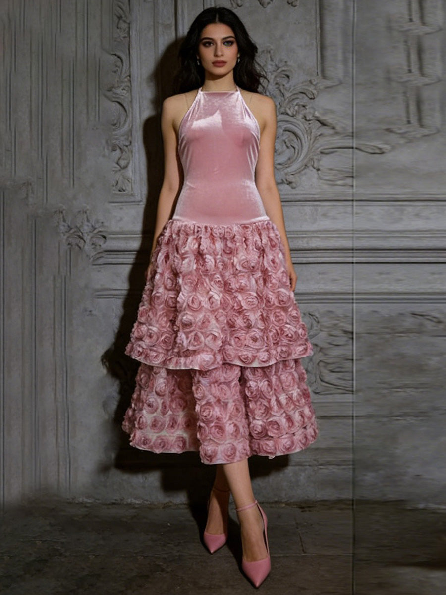 Thalia 3D Floral Backless Midi Dress