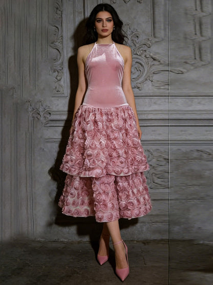 Thalia 3D Floral Backless Midi Dress