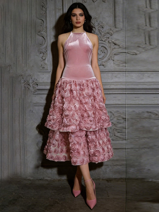 Thalia 3D Floral Backless Midi Dress