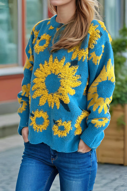 Sunflower Jacquard Crewneck Long Sleeve Knit Pullover Sweater