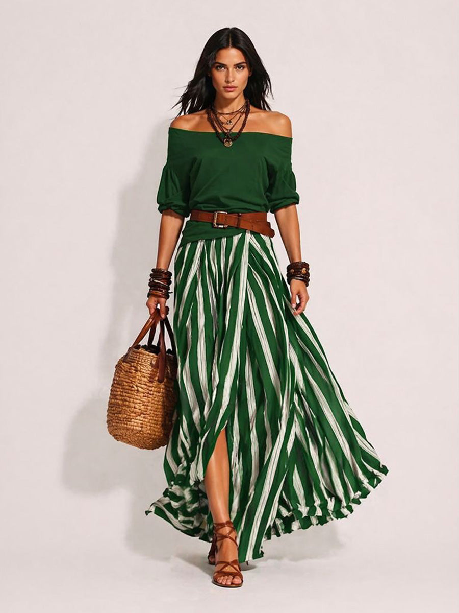Arlette Women's Vacation-Style Off-Shoulder Top and Slit Skirt Set
