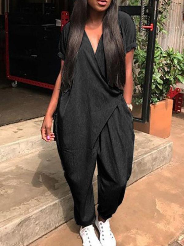 Short Sleeves V-Neck Solid Color Floral Jumpsuits