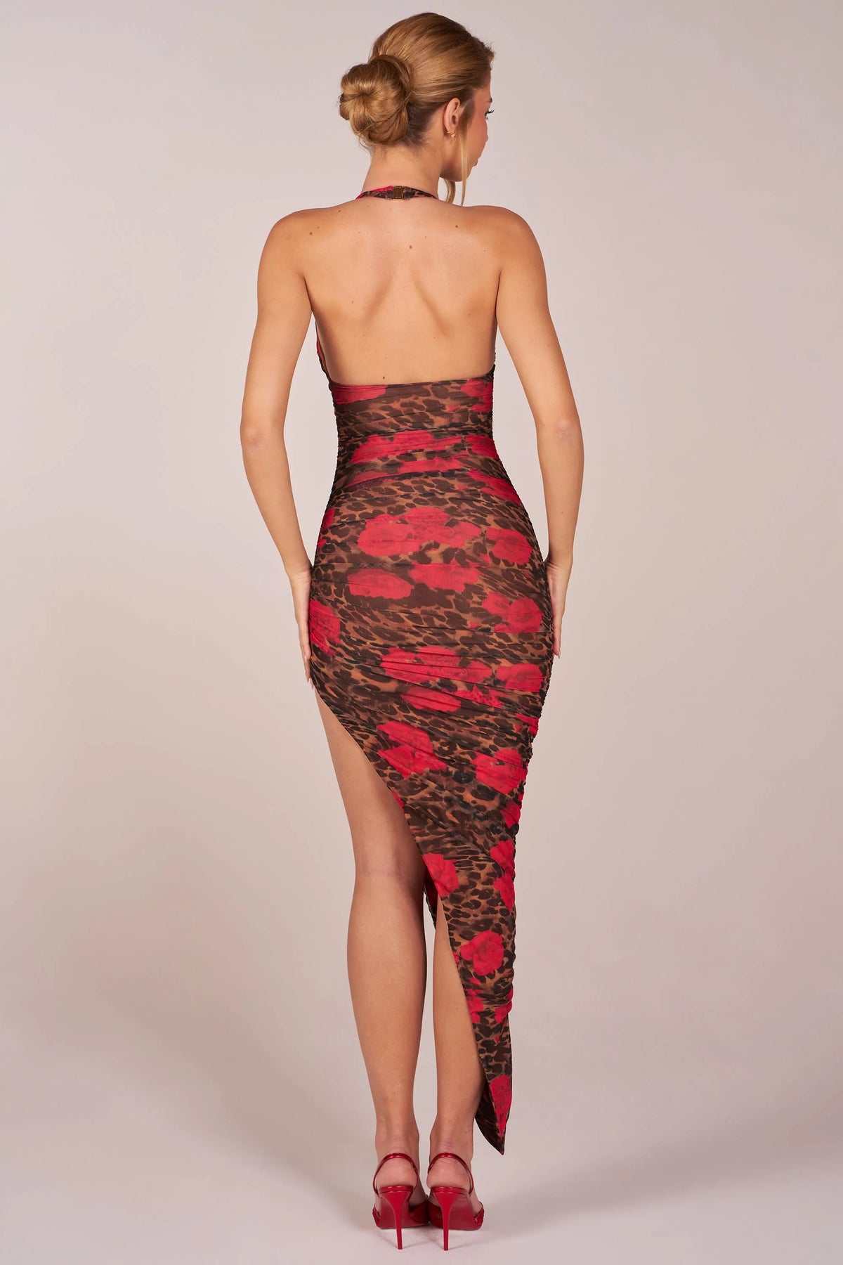 Halterneck Split Hem Midaxi Dress in Rose Leopard Print
