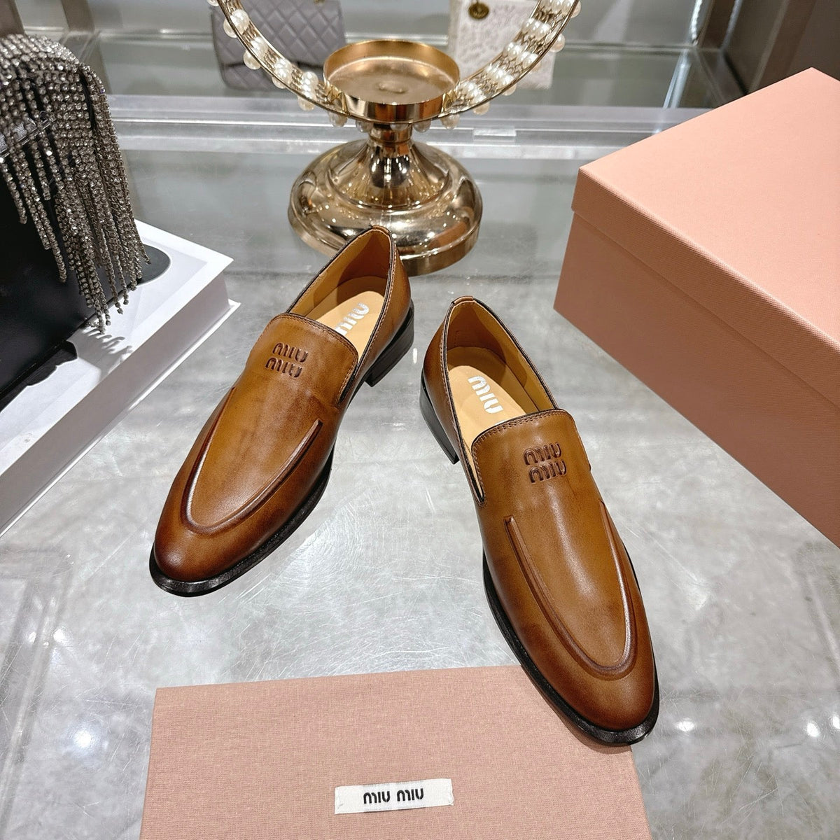 Miu Distressed Loafers Camel Brown Cowhide 592055