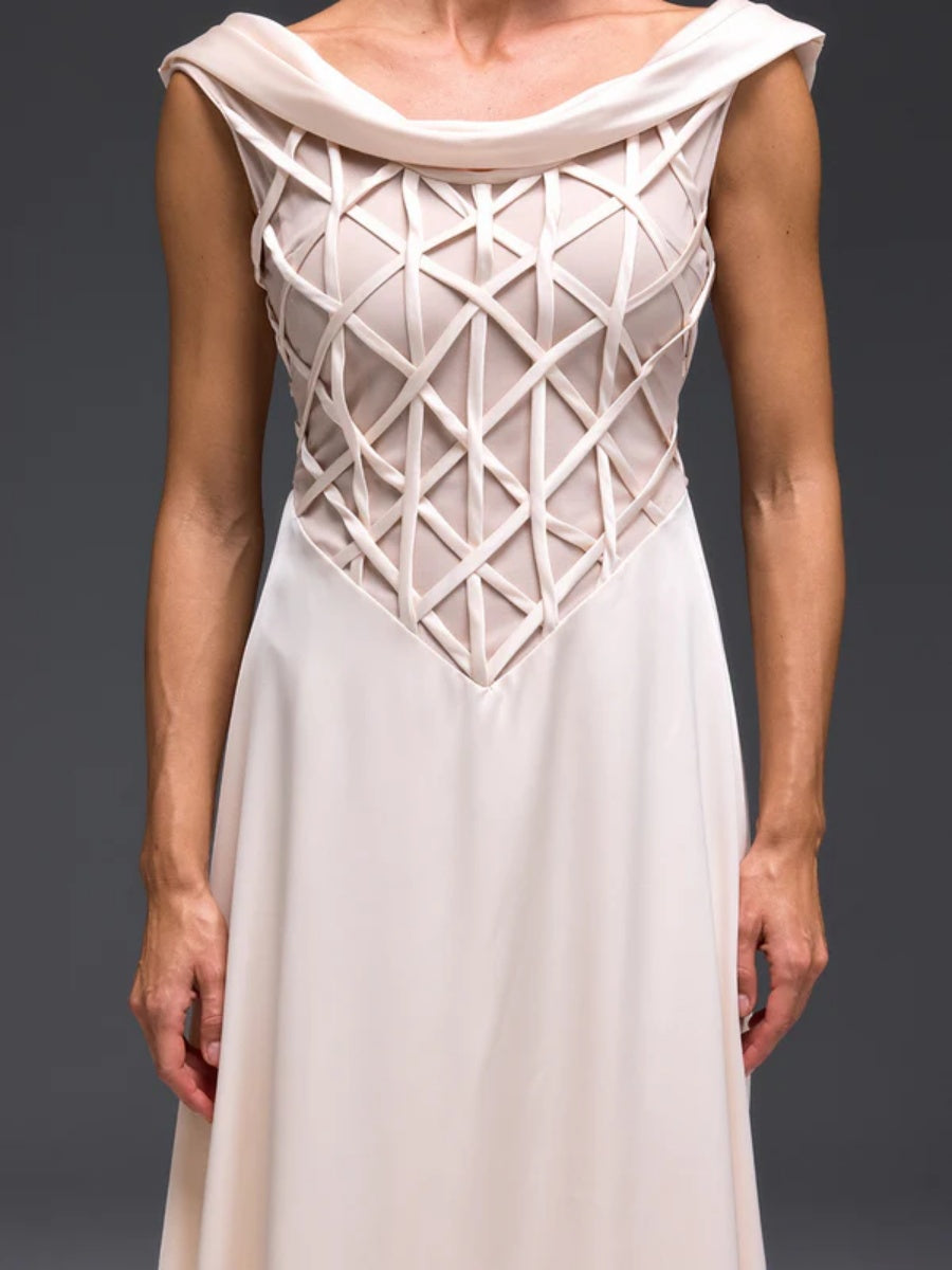 Seraphina Lattice-Bodice Off-the-Shoulder Satin Gown