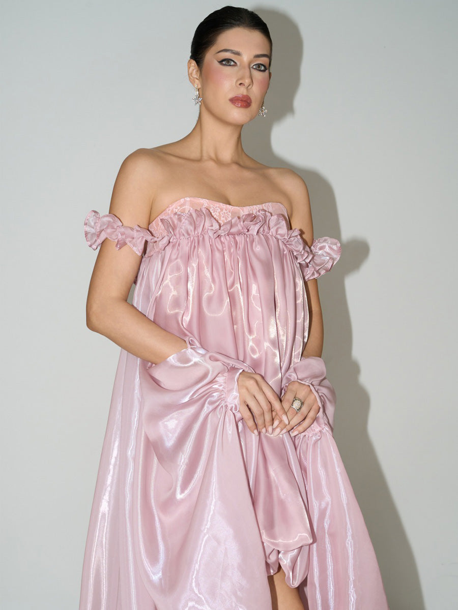 Calliope Pink Off Shoulder High Low Ruffle Maxi Dress