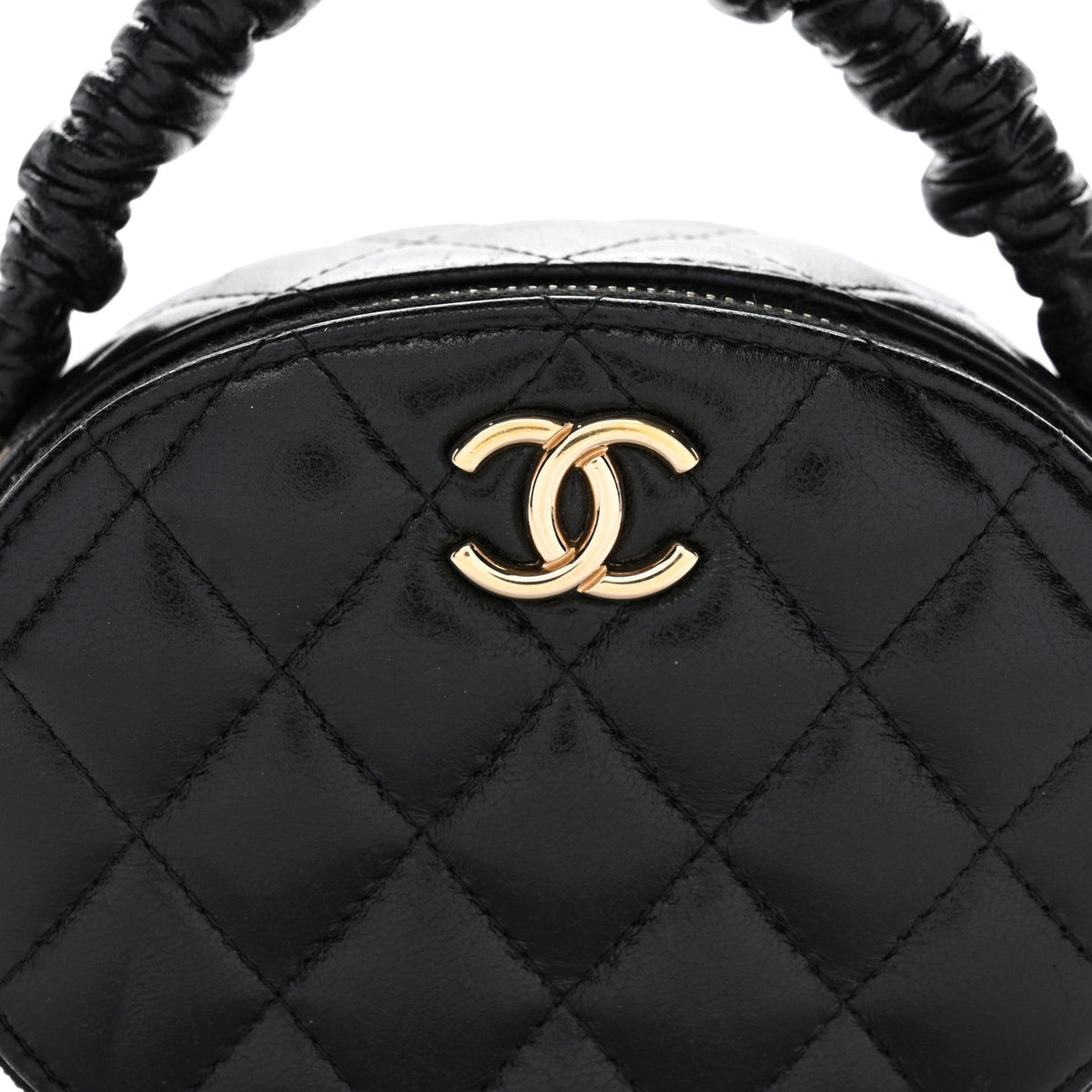 Lambskin Quilted Ruched Top Handle Vanity Case Black