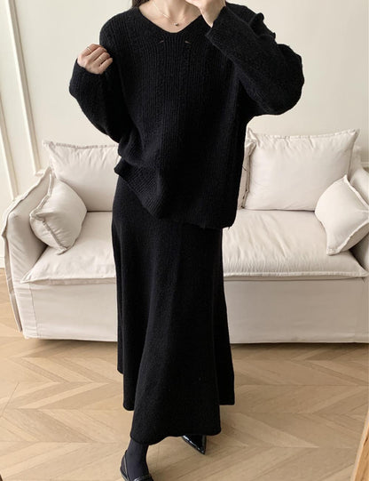 Solid Color Loose Knit Sweater Maxi Skirt Set