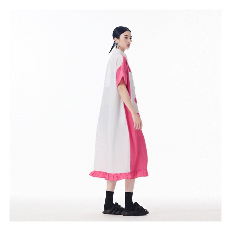 Color Block Polo Collar Flounce Sleeveless A-Line Dress