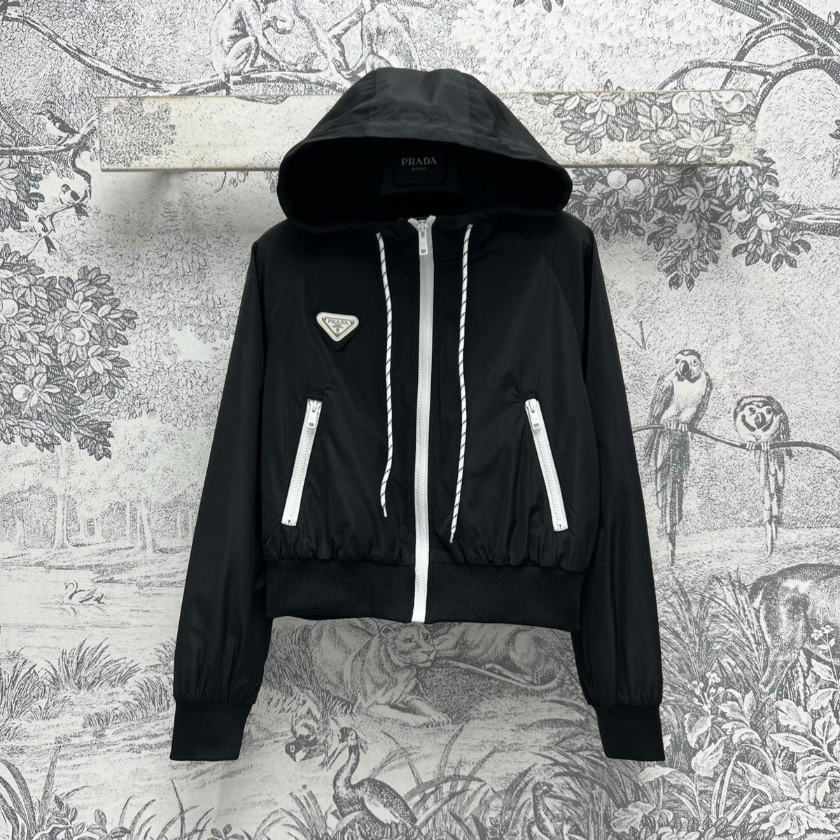 Prada 25 Hooded Triangle Logo Jacket Black Polyester
