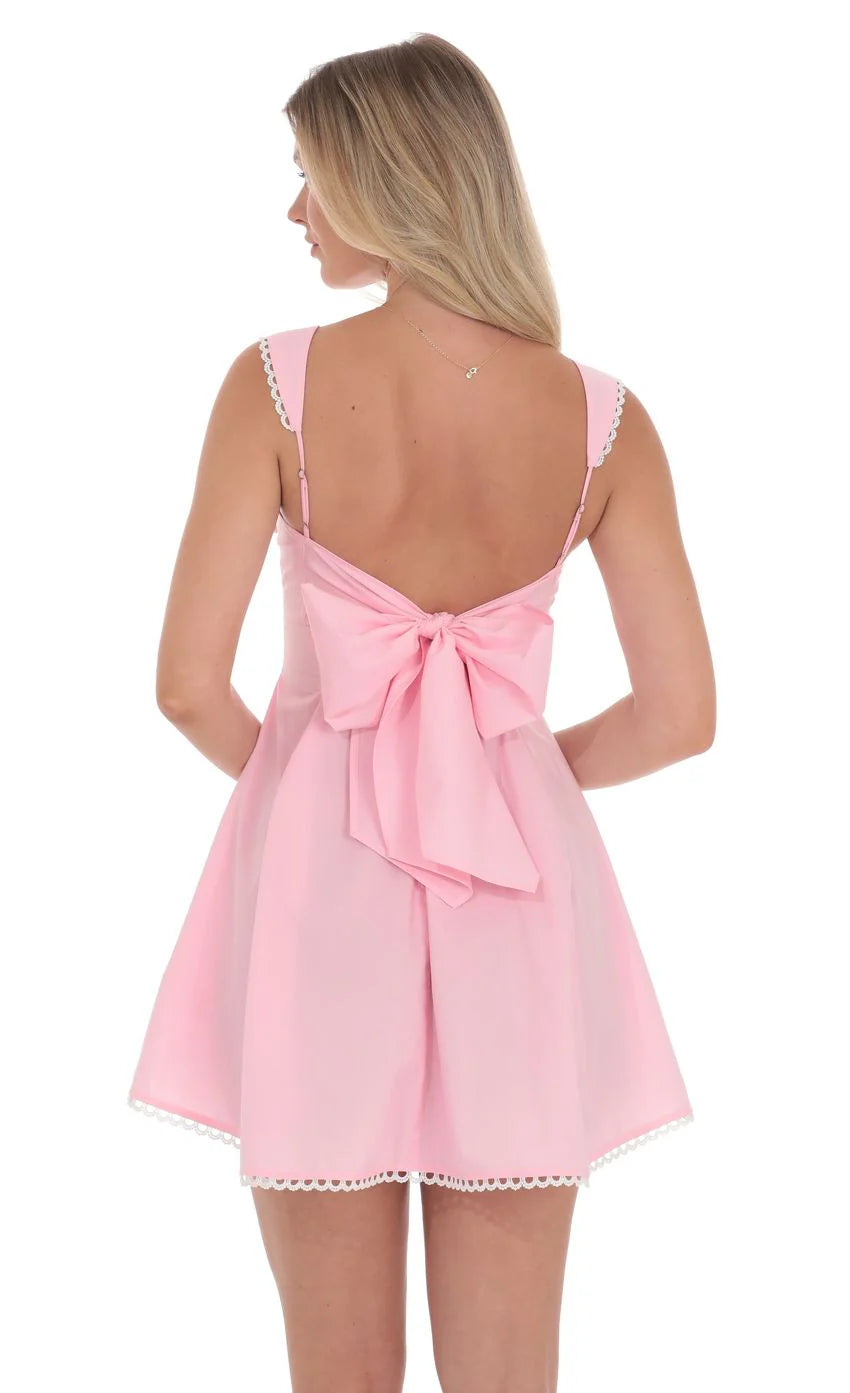 Embroidered Strap Fit and Flare Dress in Pink