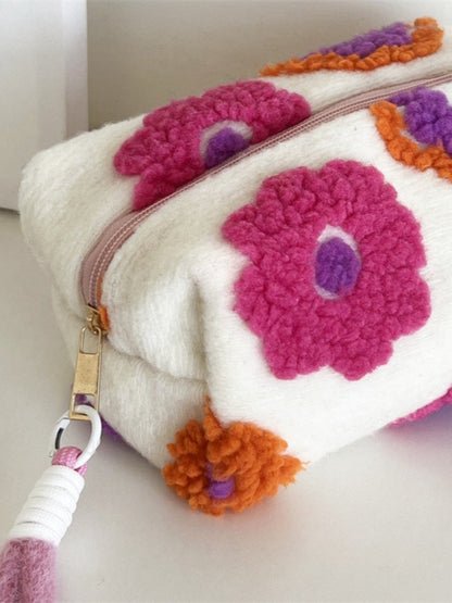 Cosbai - Floral Tweed Zipper Makeup Bag with Handles