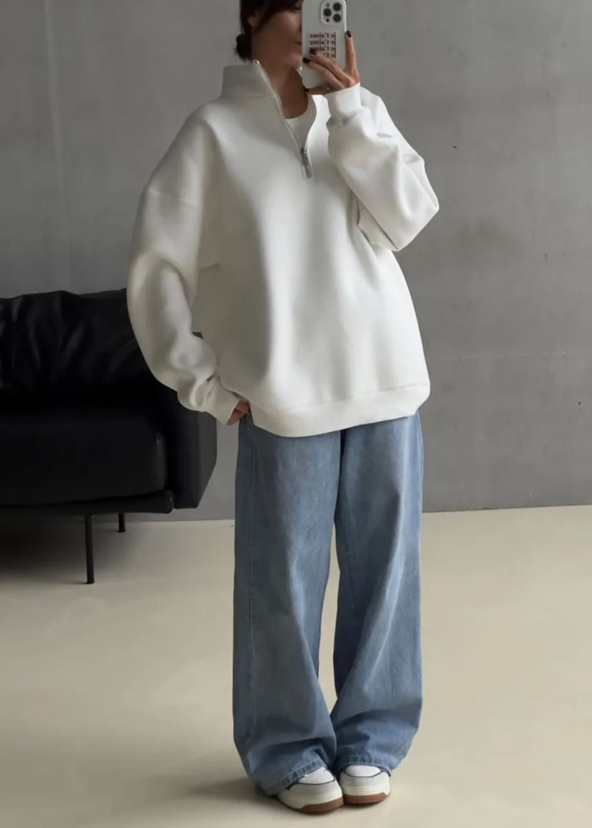 Oversized Cotton Blend Fleece Pullover With Tall Collar