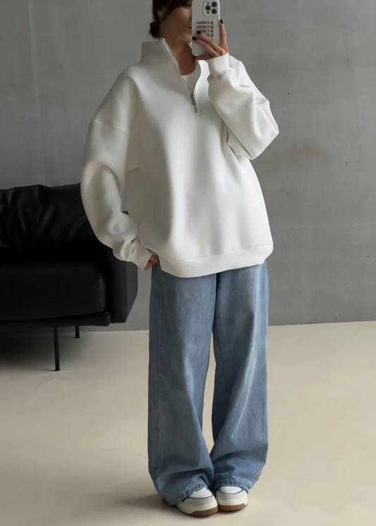 Oversized Cotton Blend Fleece Pullover With Tall Collar