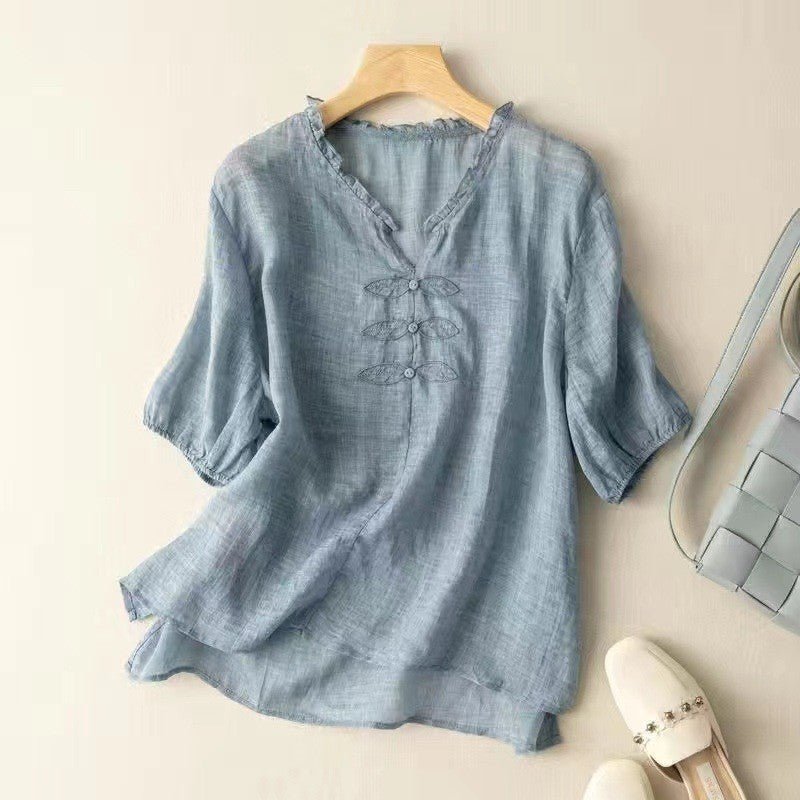 Women's Organic Cotton  V-Neck Short Sleeve Loose Shirt