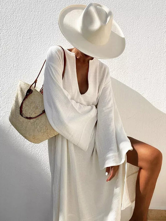 Vacation Flared Sleeves Solid Color Deep V-Neck Midi Dresses