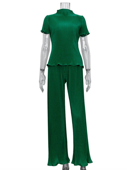 Simple Solid Color High-Neck T-Shirt Top&Wide Legs Pants 2 Pieces Set