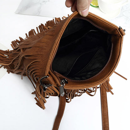 Trendy Leather Fringed Hobo Shoulder Bag