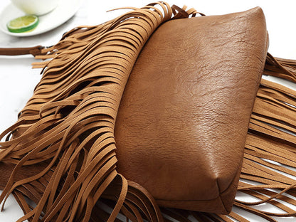 Trendy Leather Fringed Hobo Shoulder Bag