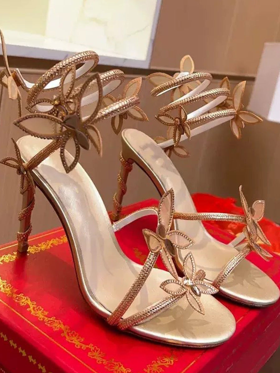 Ramona Rhinestone Stiletto Sandals with Butterfly Embellishment